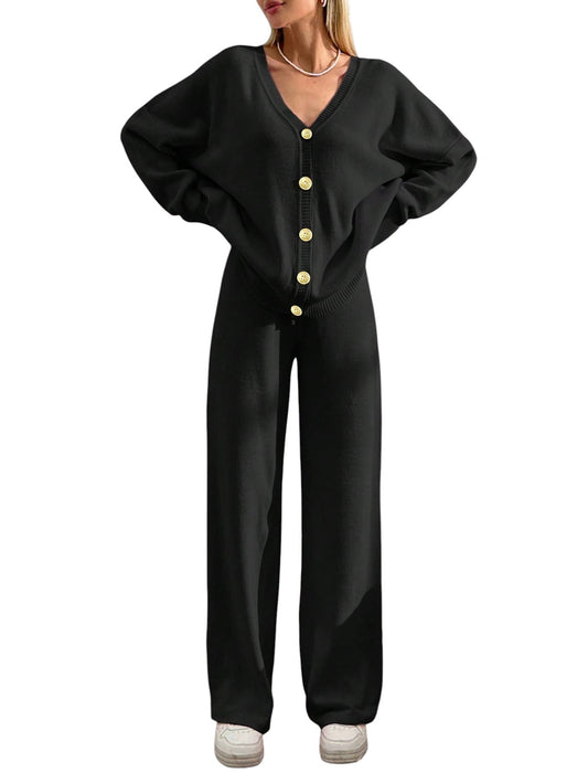 SHE fekete kötött kardigán és nadrág szett