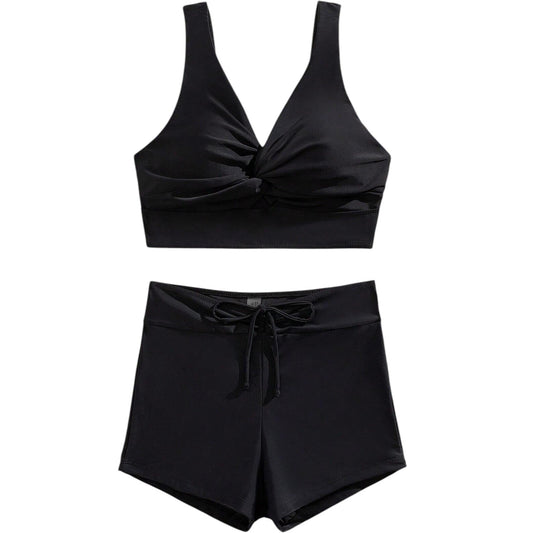 SHE fekete crop bikini felső és rövidnadrág szett