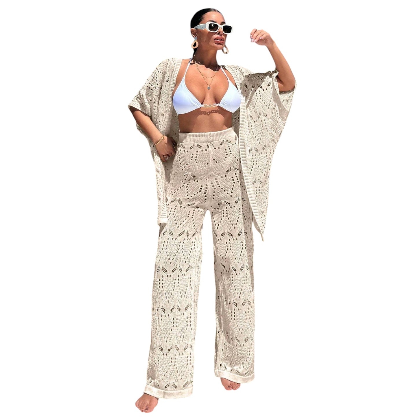 SHE bézs horgolt strand szett