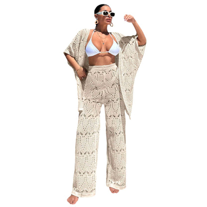 SHE bézs horgolt strand szett