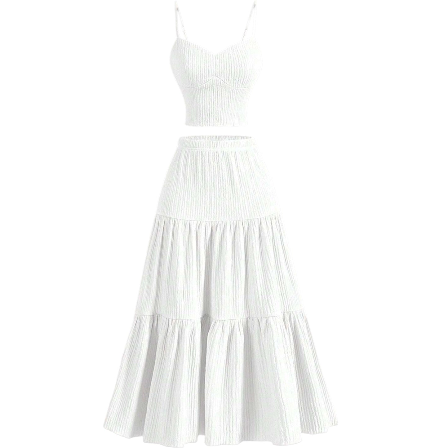 SHE fehér bordás kötött crop top & maxi szoknya szett