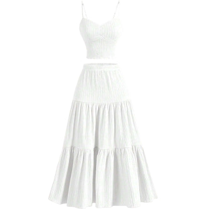 SHE fehér bordás kötött crop top & maxi szoknya szett