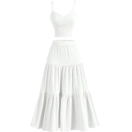 SHE fehér bordás kötött crop top & maxi szoknya szett