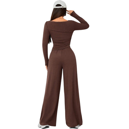 SHE barna hosszú ujjú crop top és nadrág szett