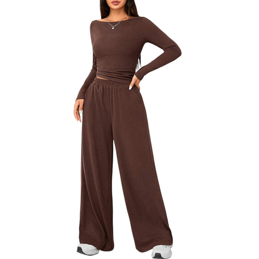 SHE barna hosszú ujjú crop top és nadrág szett