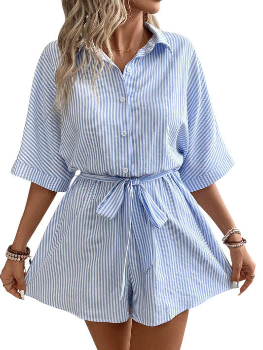 SHE világoskék csíkos öves playsuit