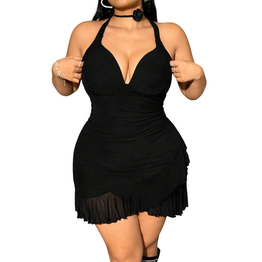 SHE fekete fodros mini ruha