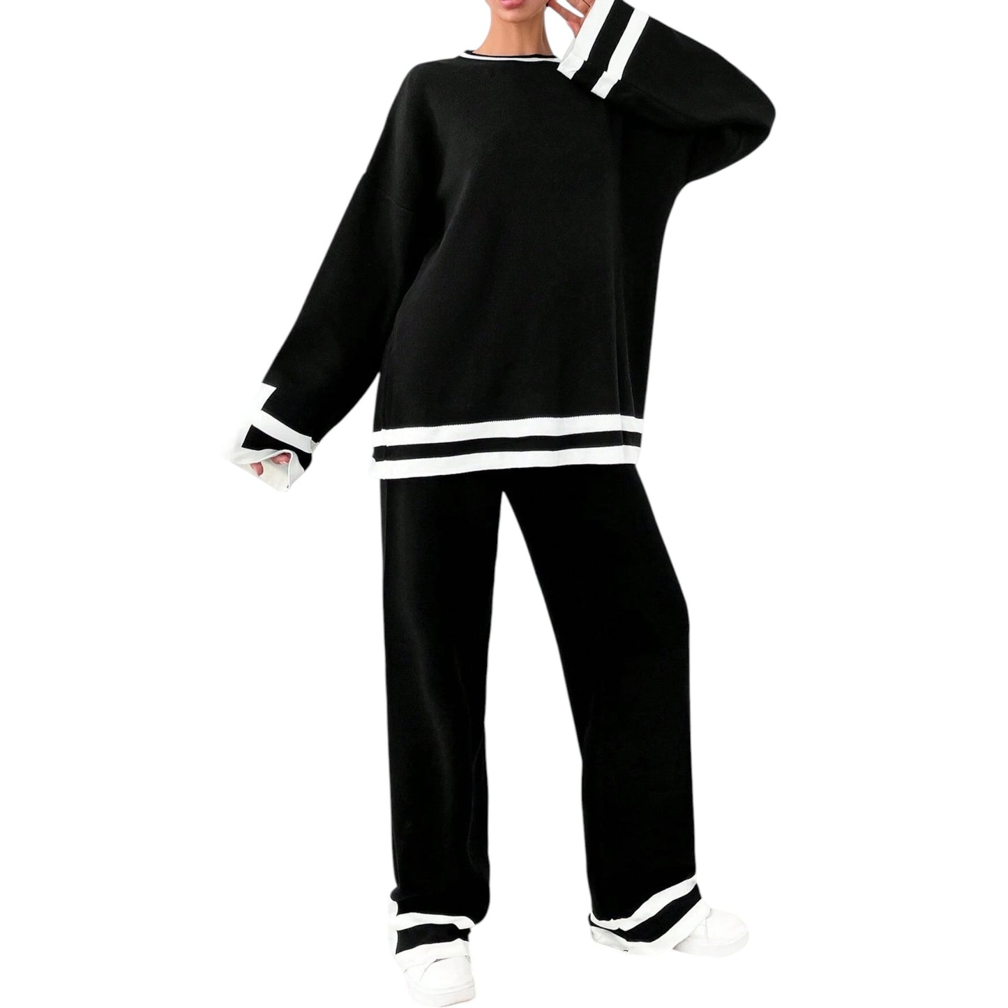 SHE fekete csíkos pulóver szett