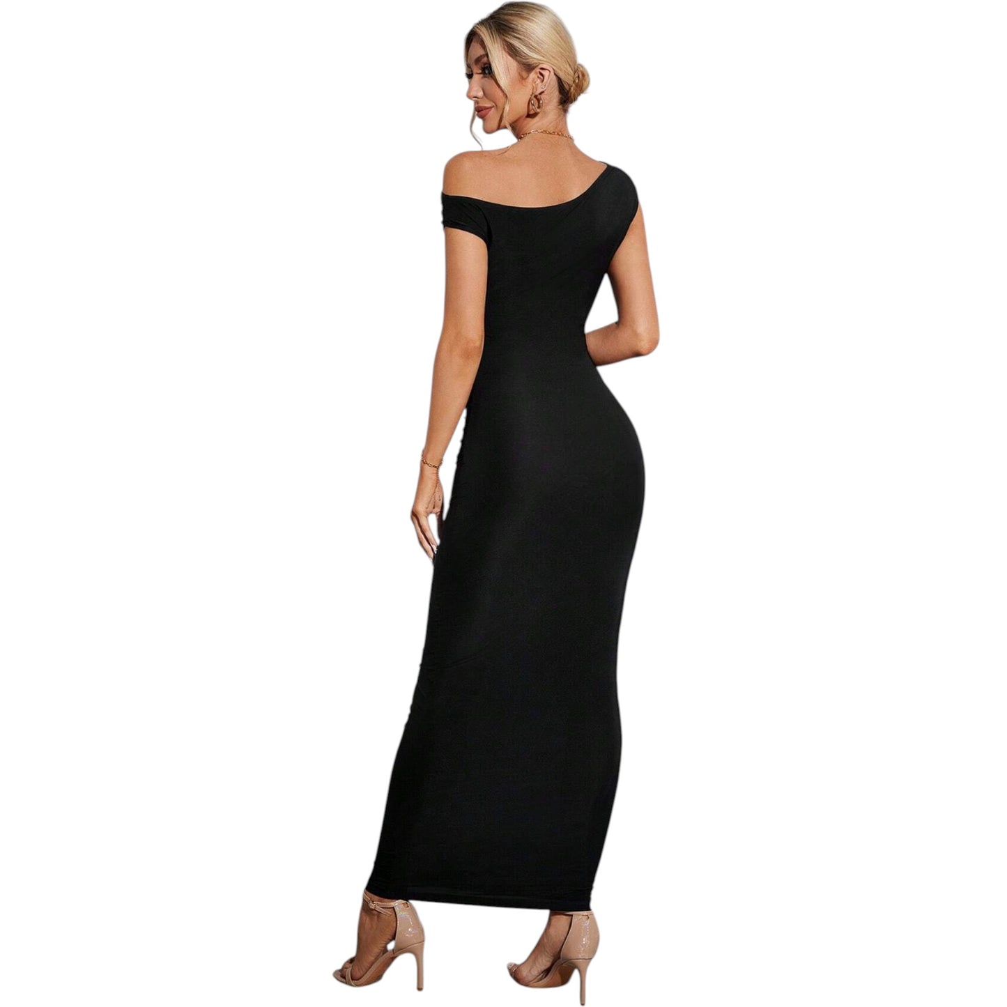 SHE fekete félvállas bodycon ruha