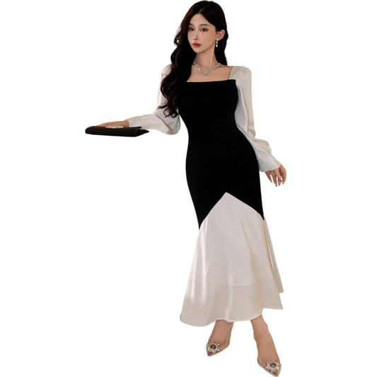 SHE fekete-fehér colorblock maxi ruha