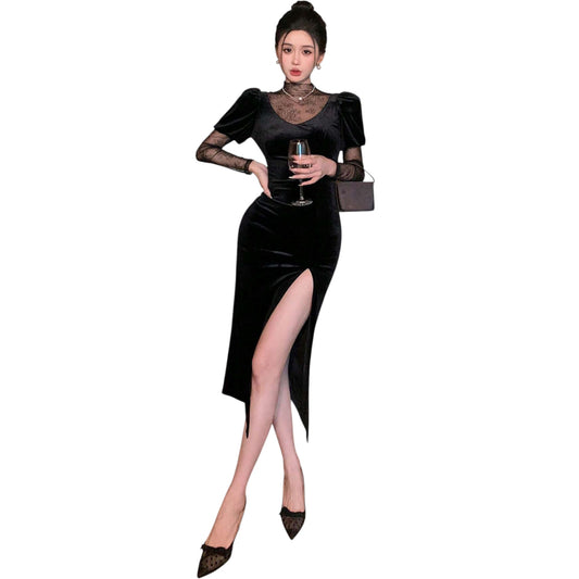 SHE fekete bársony magas nyakú midi ruha