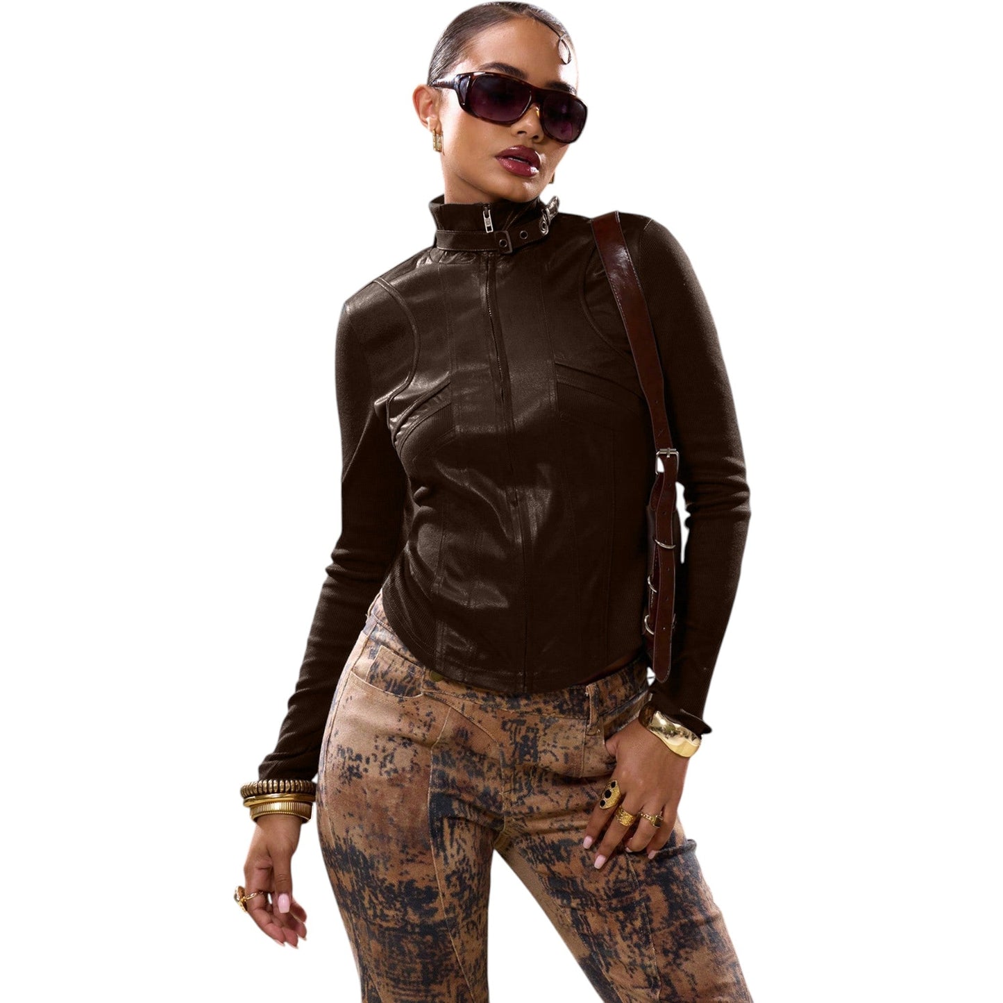 SHE barna slim fit műbőrdzseki