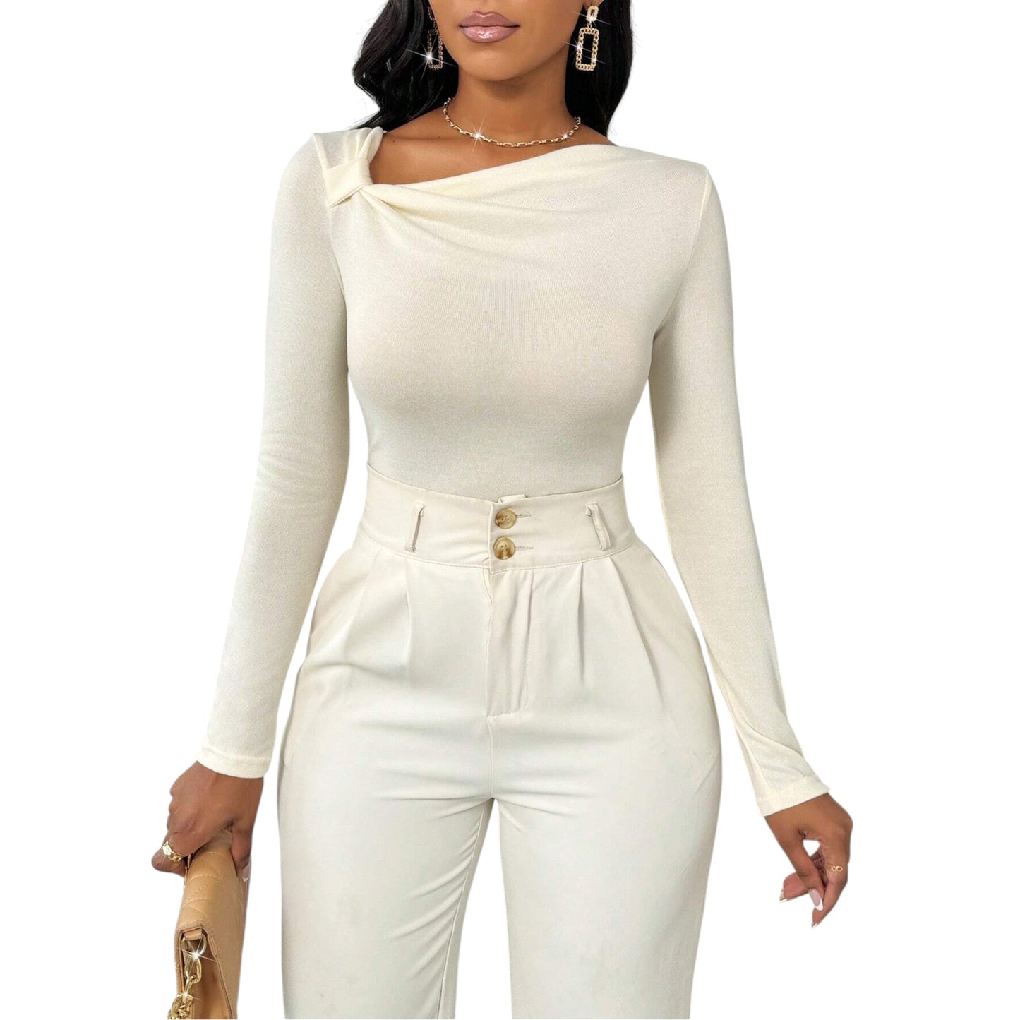 SHE bézs aszimmetrikus nyakú felső