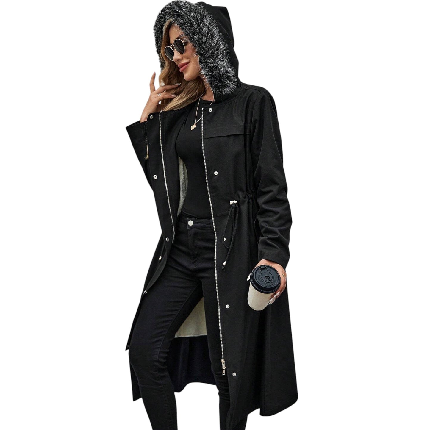 SHE fekete műszőrme kapucnis téli kabát