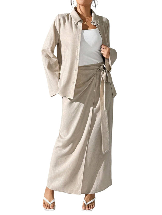 SHE bézs ing és maxi szoknya szett