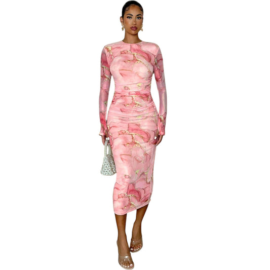 SHE rózsaszín mintás midi ruha