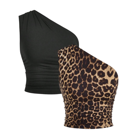 SHE fekete és leopárd mintás félvállas crop top szett