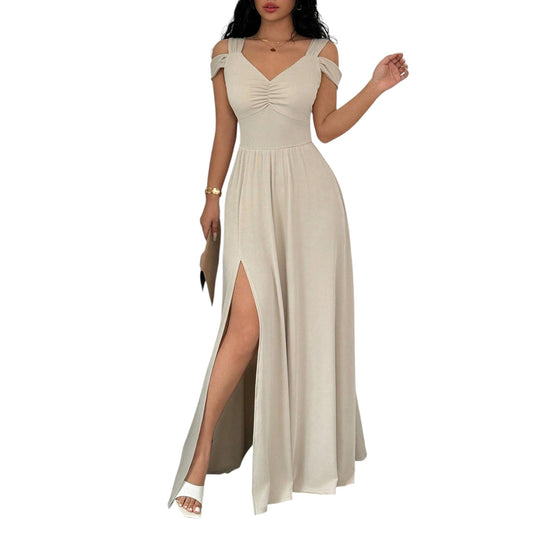 SHE bézs ejtett vállú maxi ruha