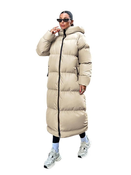 SHE bézs hosszú, steppelt puffer kabát