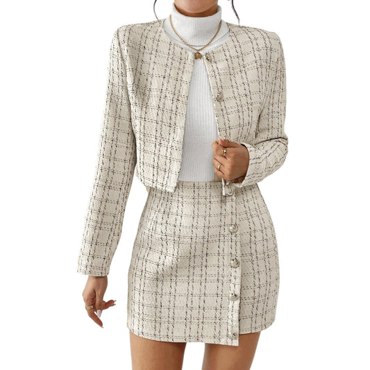 SHE ekrü kockás kétrészes szett