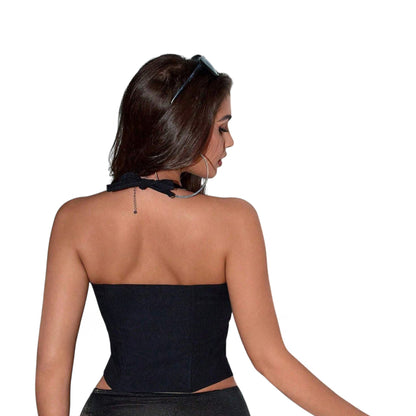 SHE fekete mély V-nyakú halter top