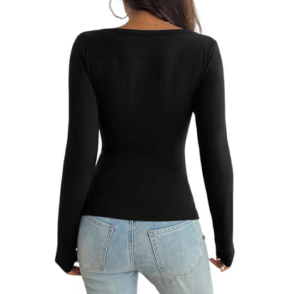 SHE fekete V-nyakú hosszú ujjú póló