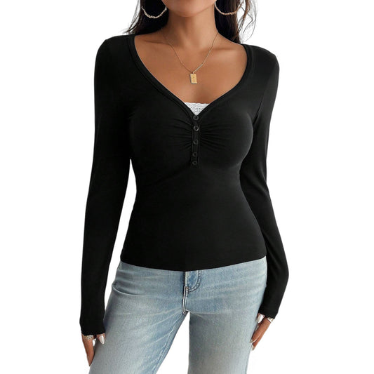 SHE fekete V-nyakú hosszú ujjú póló