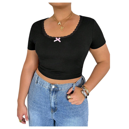 SHE fekete bordás crop top