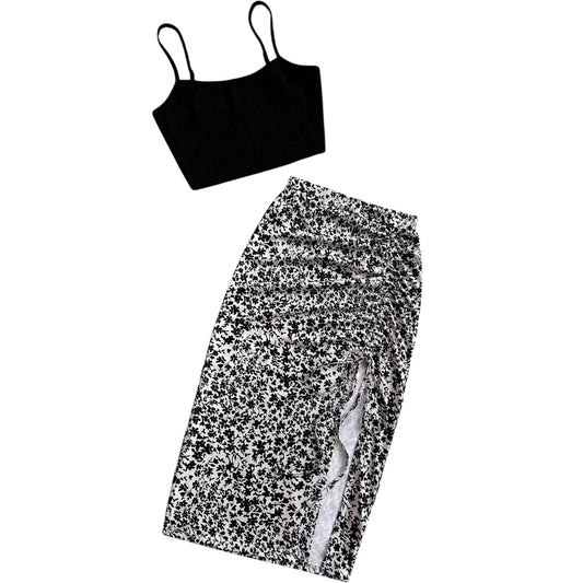 SHE fekete-szürke virágmintás kétrészes szett