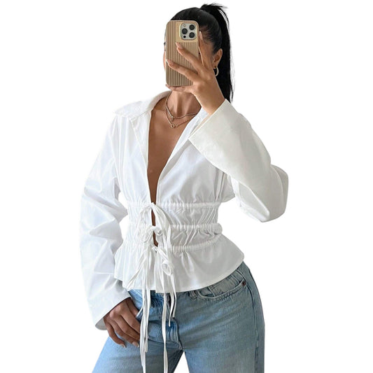 SHE ekrü megkötős crop blúz