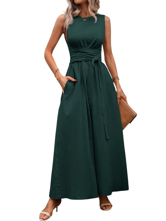 SHE sötétzöld öves, ujjatlan jumpsuit