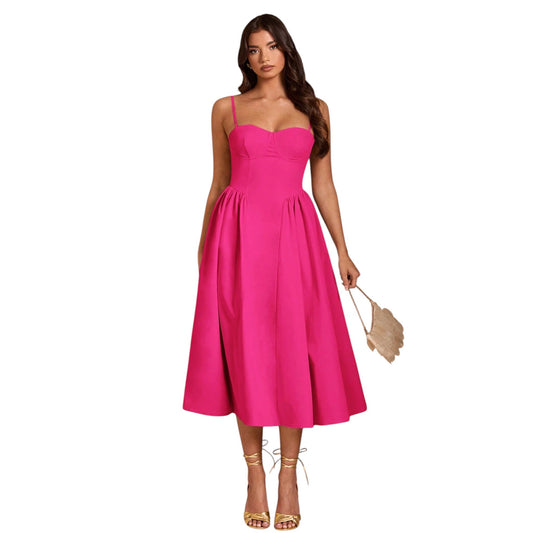 SHE fukszia pántos midiruha