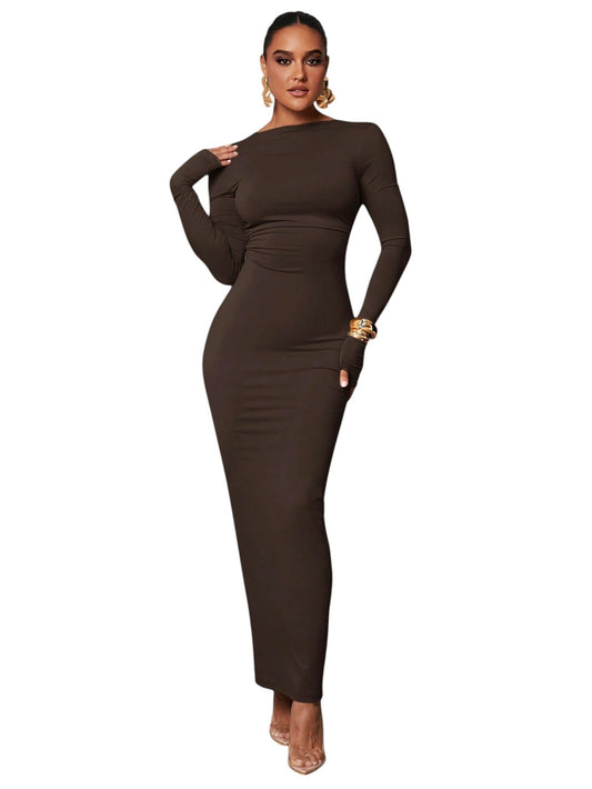 SHE barna hosszú ujjú bodycon ruha