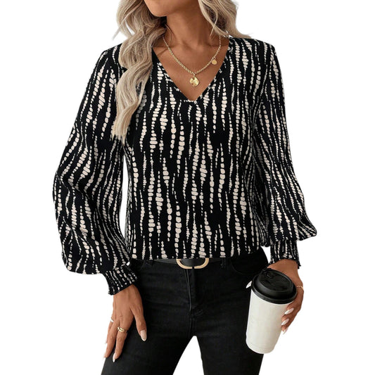 SHE fekete-fehér mintás V-nyakú blúz
