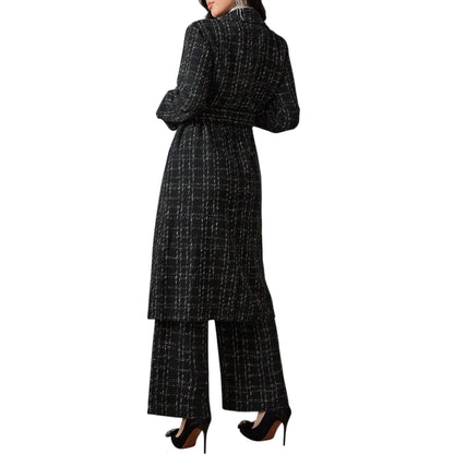 SHE fekete kockás hosszú kabát szett