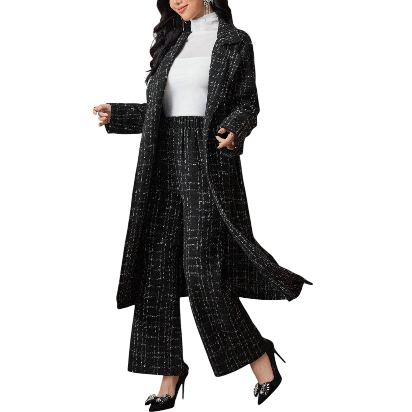 SHE fekete kockás hosszú kabát szett