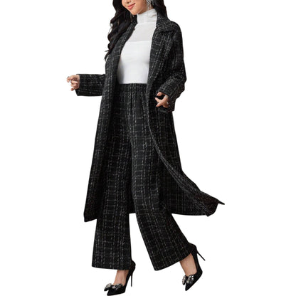 SHE fekete kockás hosszú kabát szett