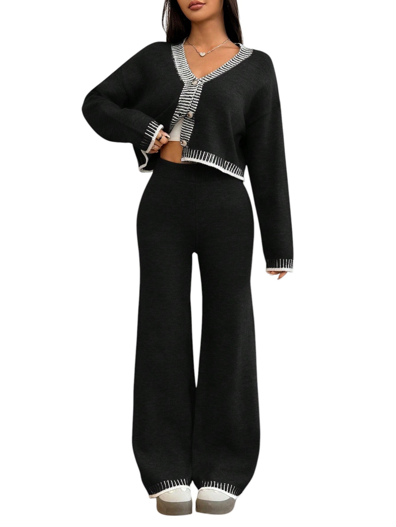 SHE fekete kötött kardigán és nadrág szett