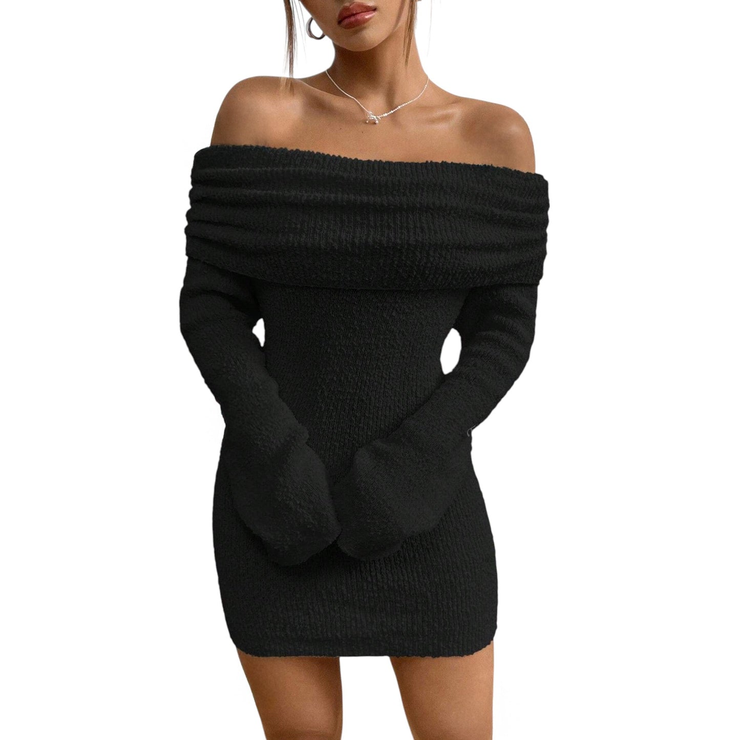 SHE fekete ejtett vállú mini ruha