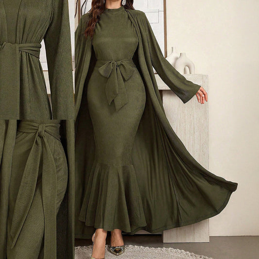 SHE khaki maxiruha és kabát szett