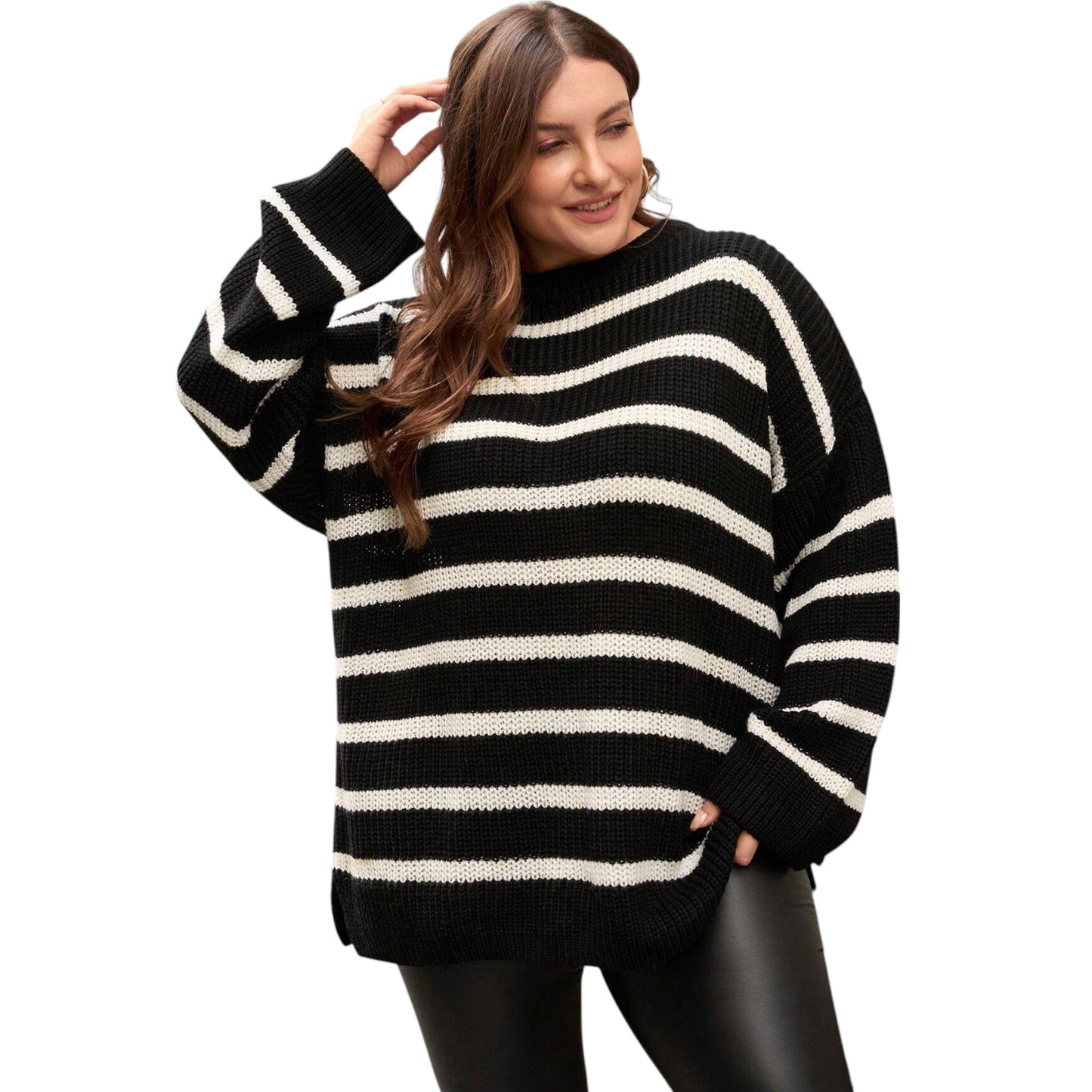 SHE fekete csíkos kötött pulóver