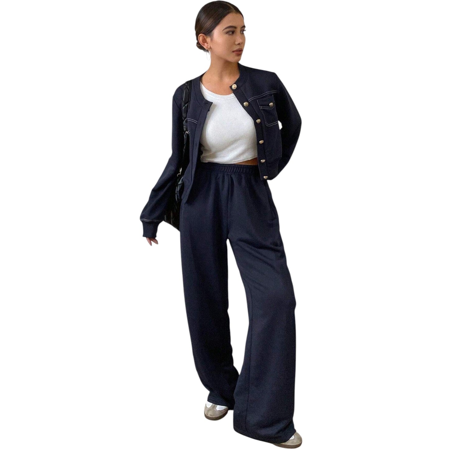 SHE sötétkék gombos kabát és nadrág szett