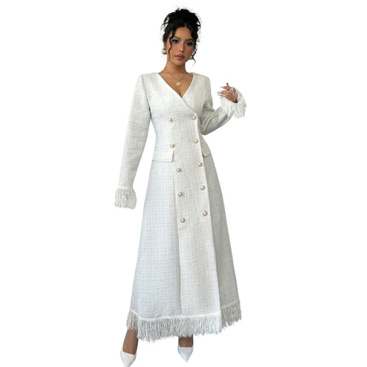 SHE fehér rojtos tweed maxi ruha