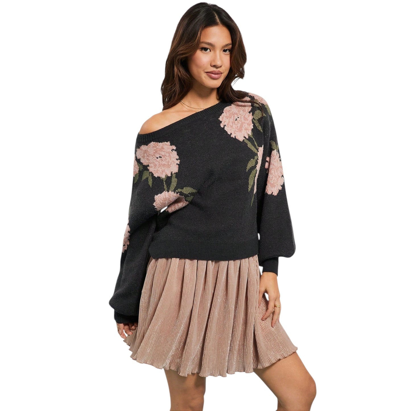 SHE sötétszürke virágmintás pulóver