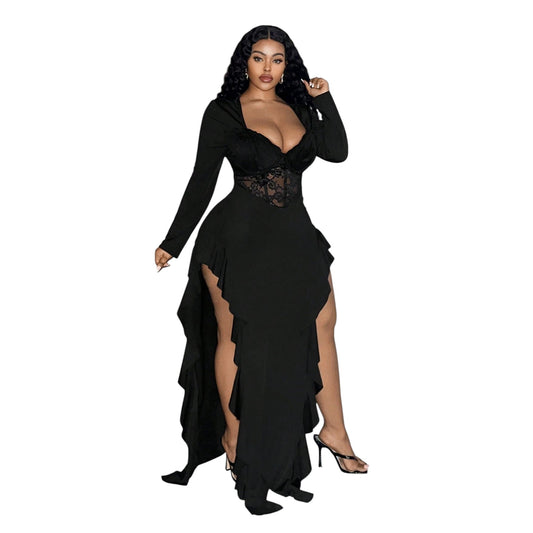 SHE fekete csipkés hosszú ruha