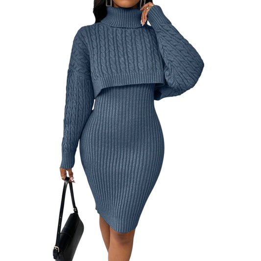 SHE kék kötött garbó nyakú ruha szett