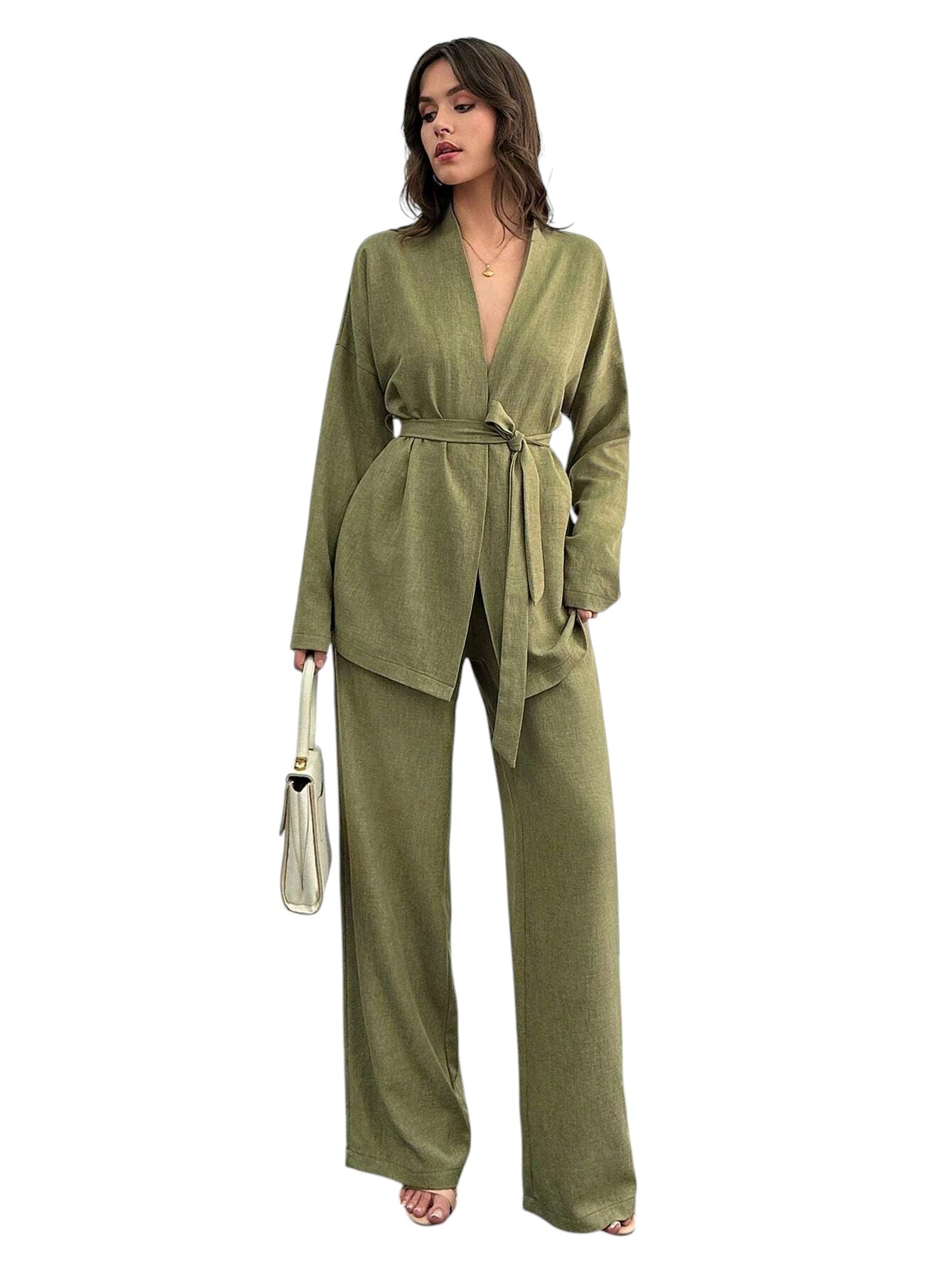 SHE olívazöld öves kétrészes szett