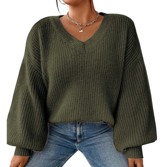 SHE khaki V-nyakú kötött pulóver