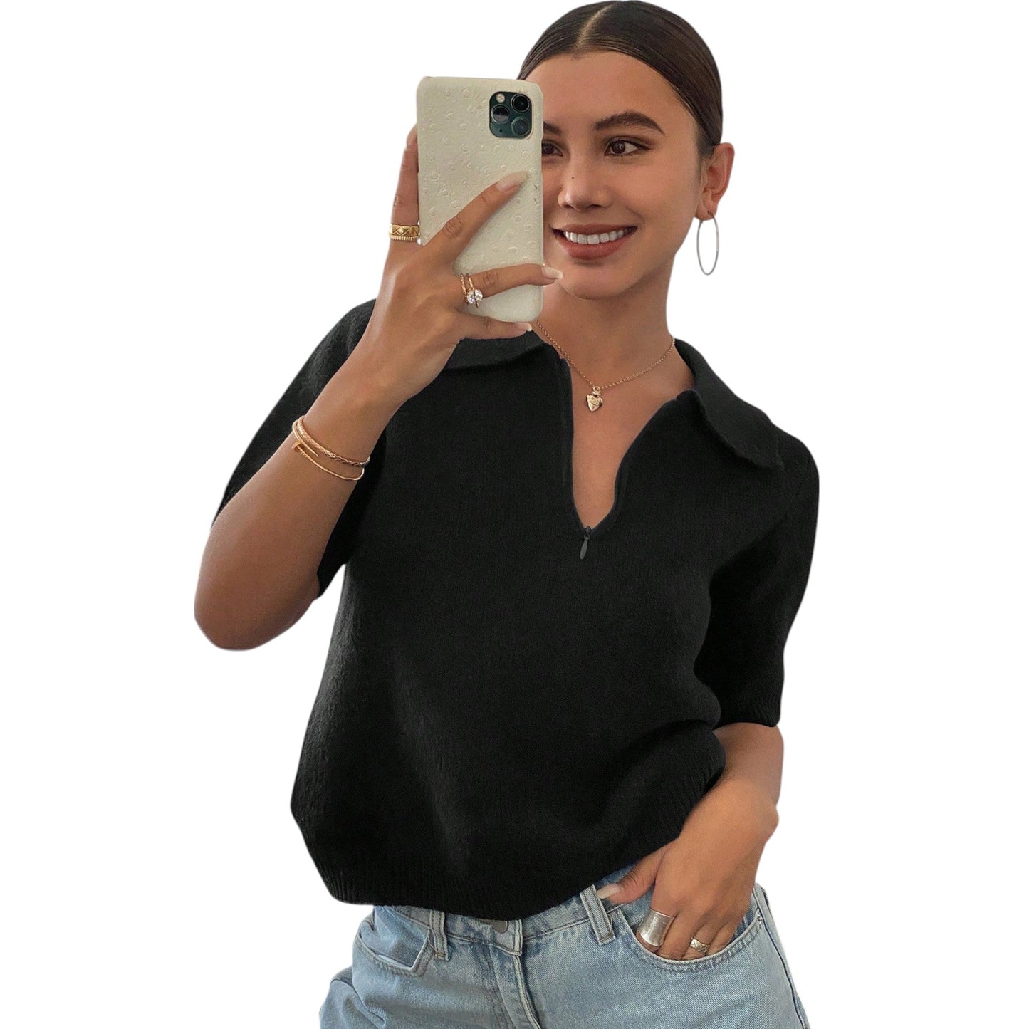 SHE fekete galléros cipzáros póló