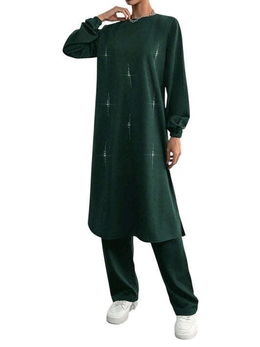 SHE sötétzöld flitteres kétrészes szett